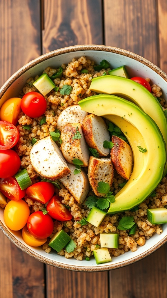 A healthy low-carb quinoa bowl with vegetables, avocado, and chicken on a wooden table.